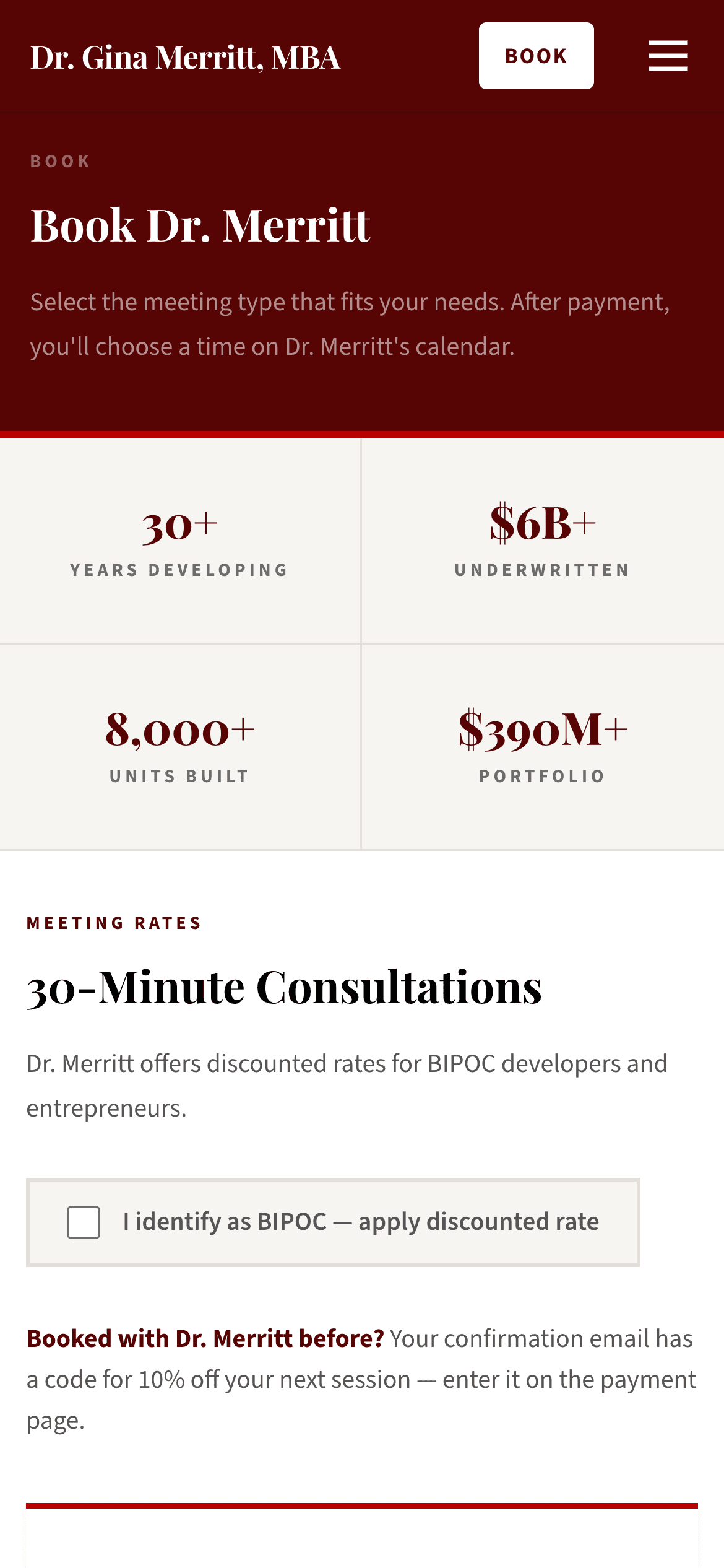 Dr. Gina Merritt website — booking page on mobile